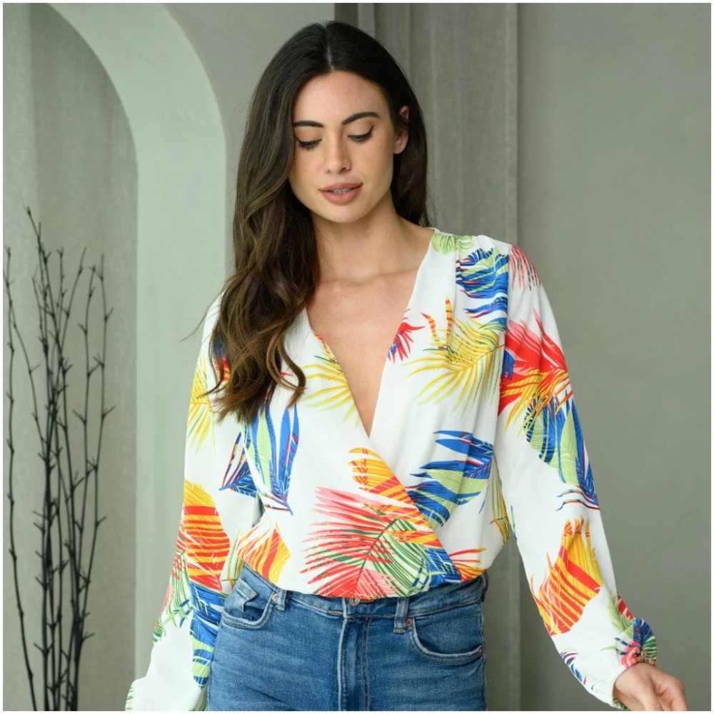 LONG SLEEVE LEAF MULTI PRINT SURPLICE BODYSUIT - Picture 3 of 4